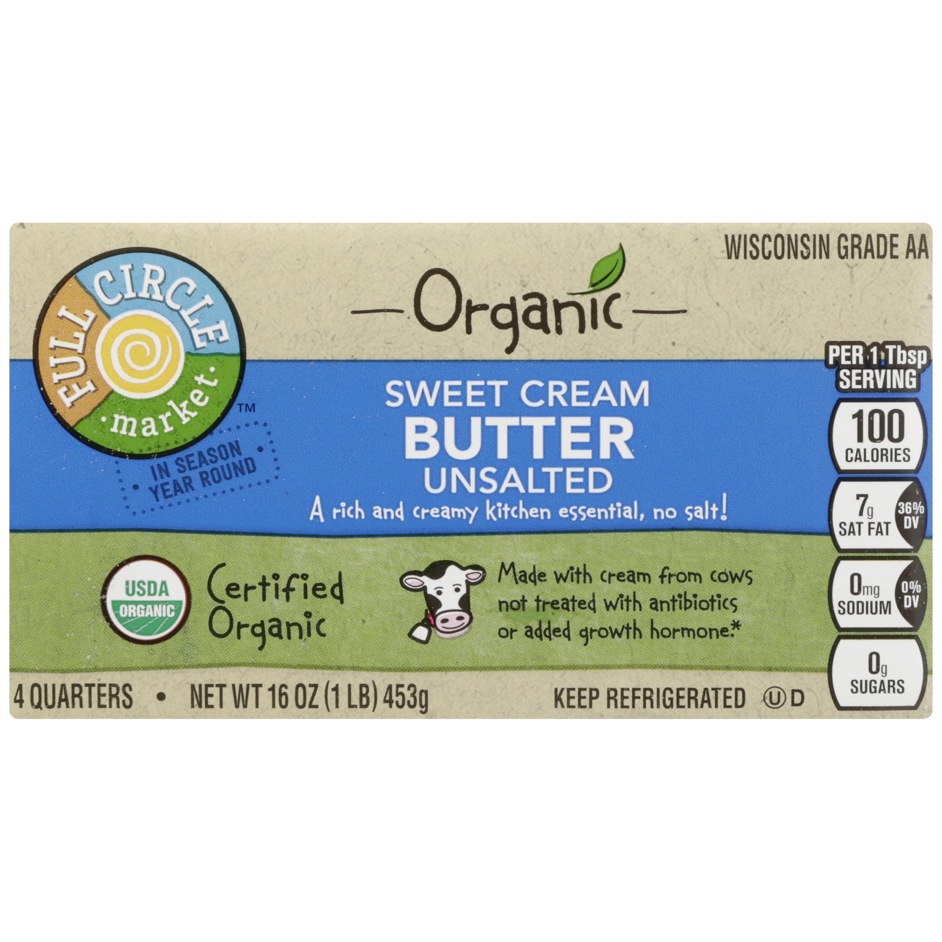 slide 1 of 6, Full Circle Market Organic Sweet Cream Unsalted Butter Quarters, 16 oz