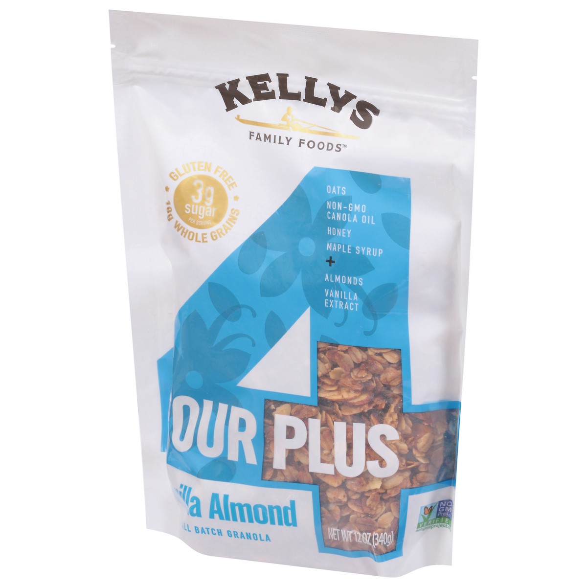 slide 3 of 12, Kellys Family Foods Four Plus Vanilla Almond Granola 12 oz, 12 oz