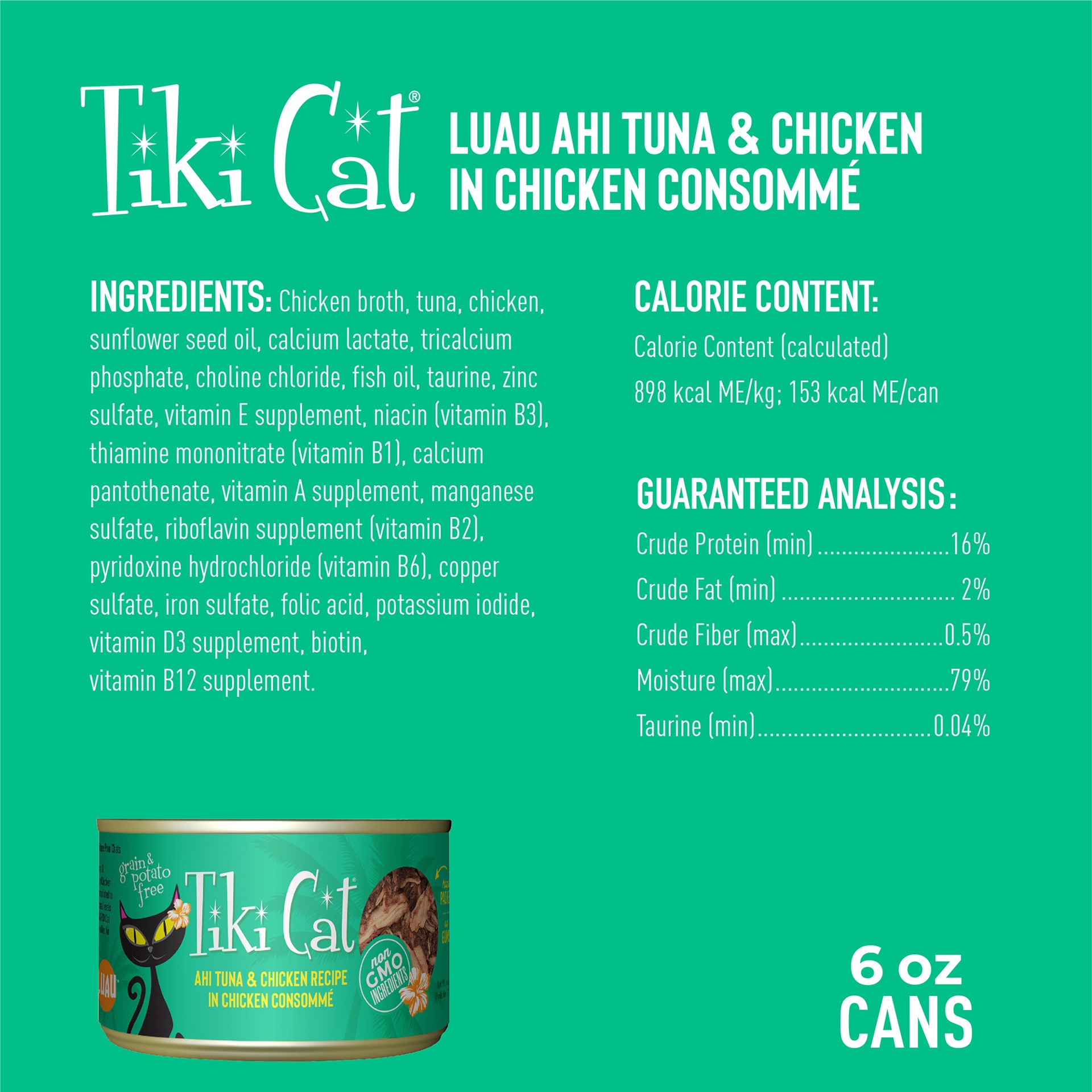 slide 6 of 8, Tiki Cat Luau Wet Cat Food, Ahi Tuna & Chicken, 6 oz. Can, 6 oz