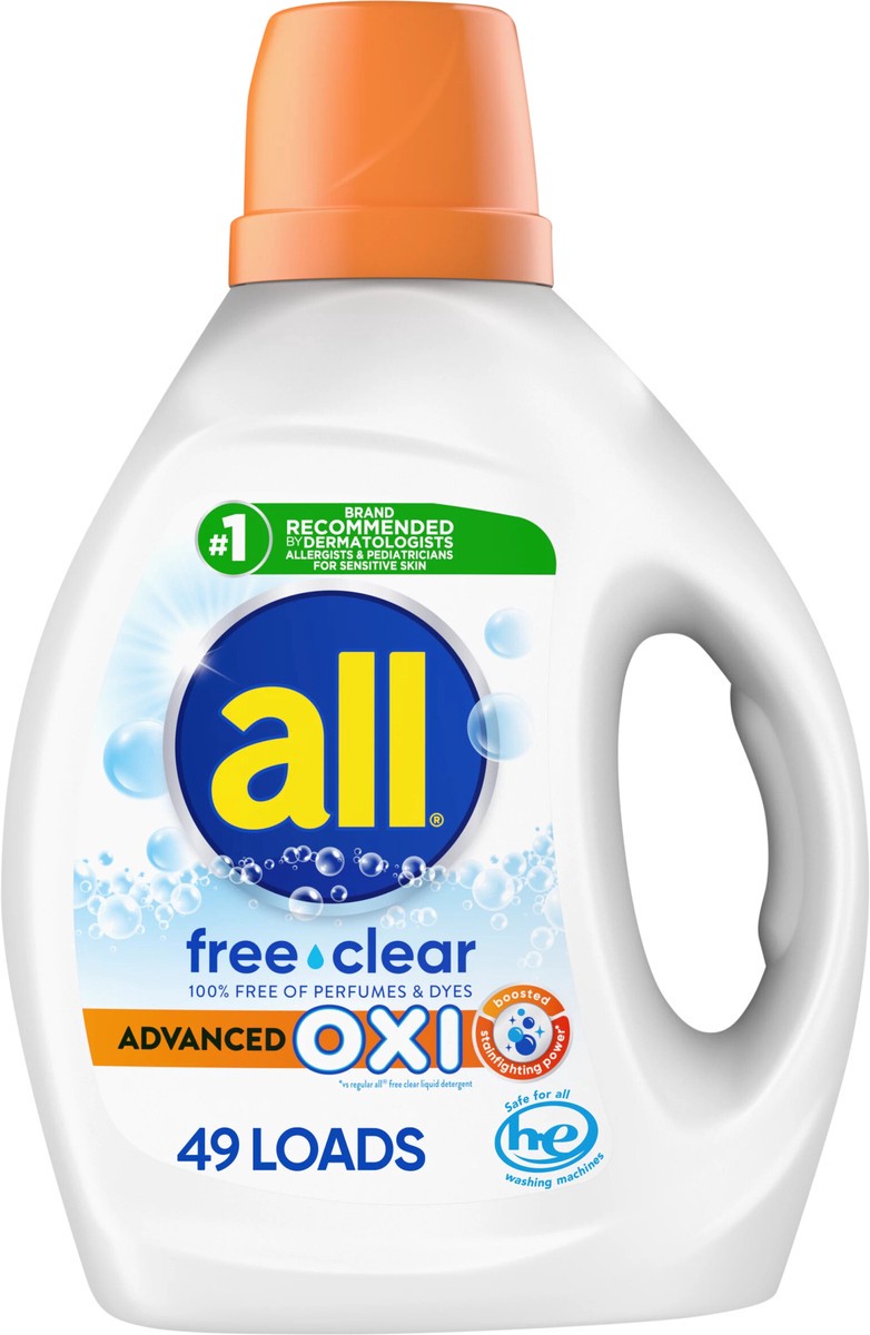 slide 3 of 3, All Liquid Laundry Detergent with Advanced OXI Stain Removers and Whiteners, Free Clear, 88 Ounce, 49 Loads, 88 fl oz