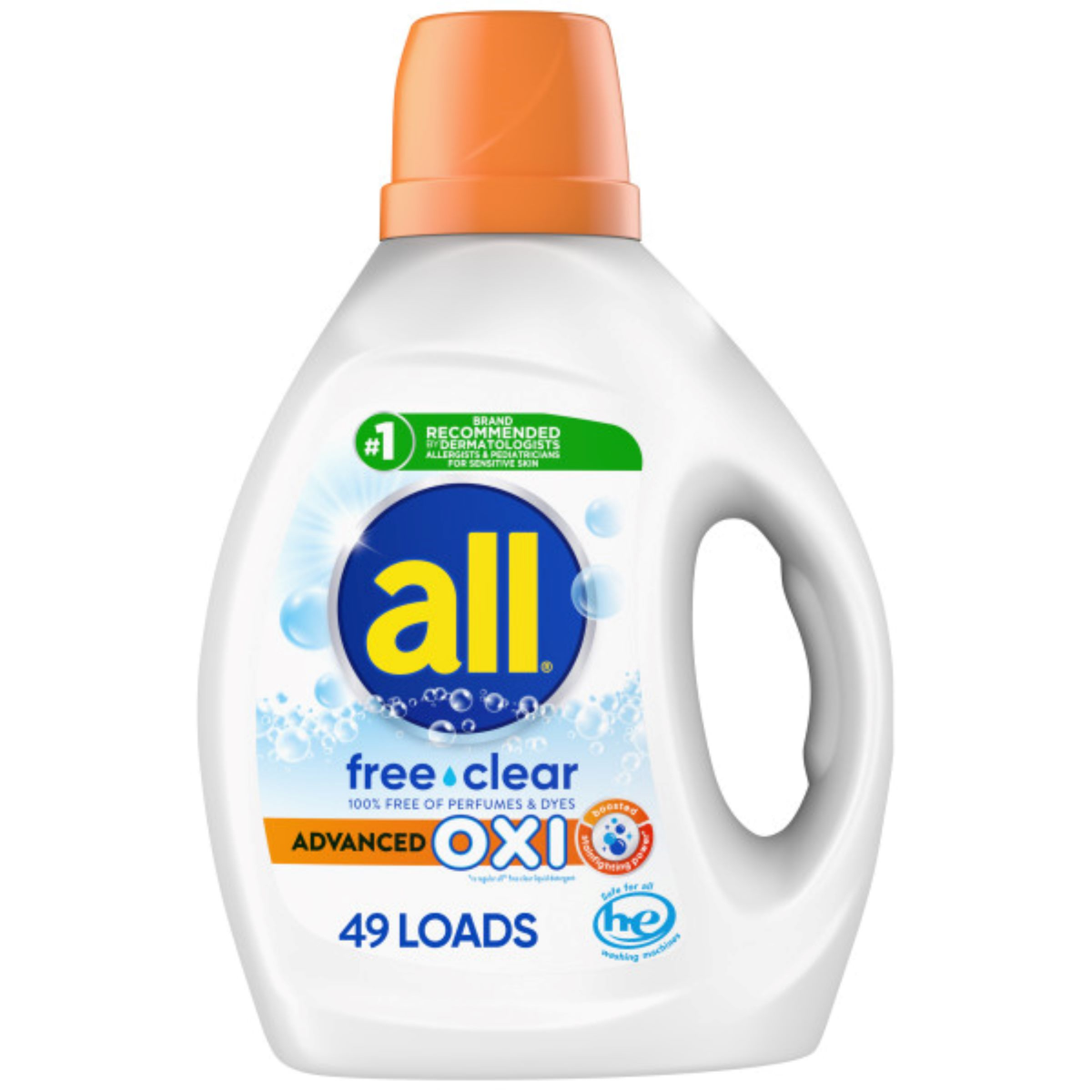 slide 1 of 3, All Liquid Laundry Detergent with Advanced OXI Stain Removers and Whiteners, Free Clear, 88 Ounce, 49 Loads, 88 fl oz