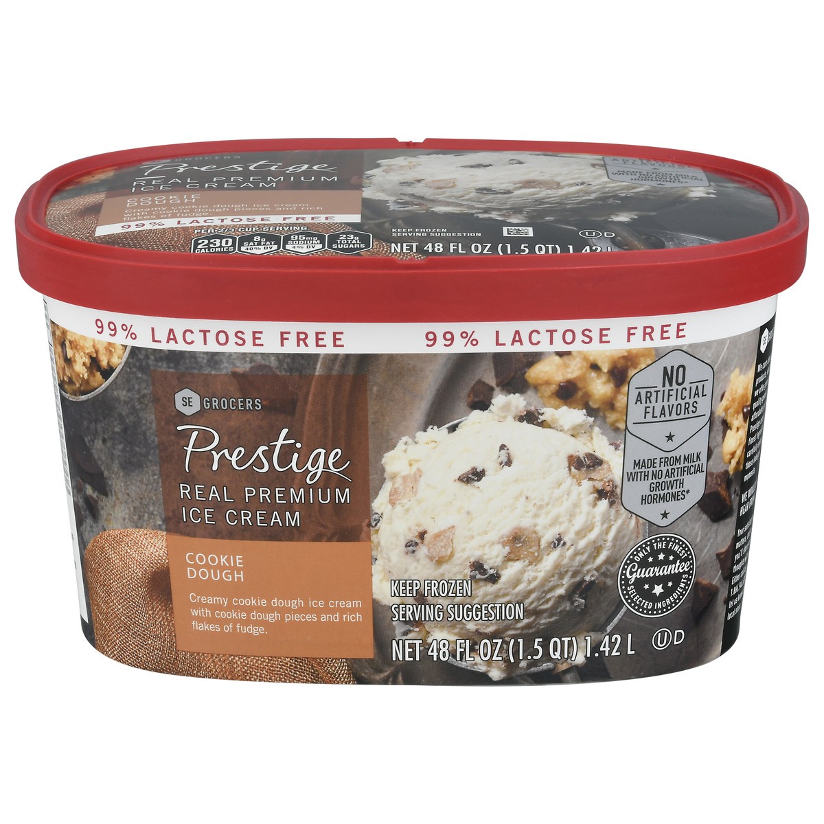 slide 1 of 9, Prestige Real Premium Ice Cream 99% Lactose Free Cookie Dough, 48 oz