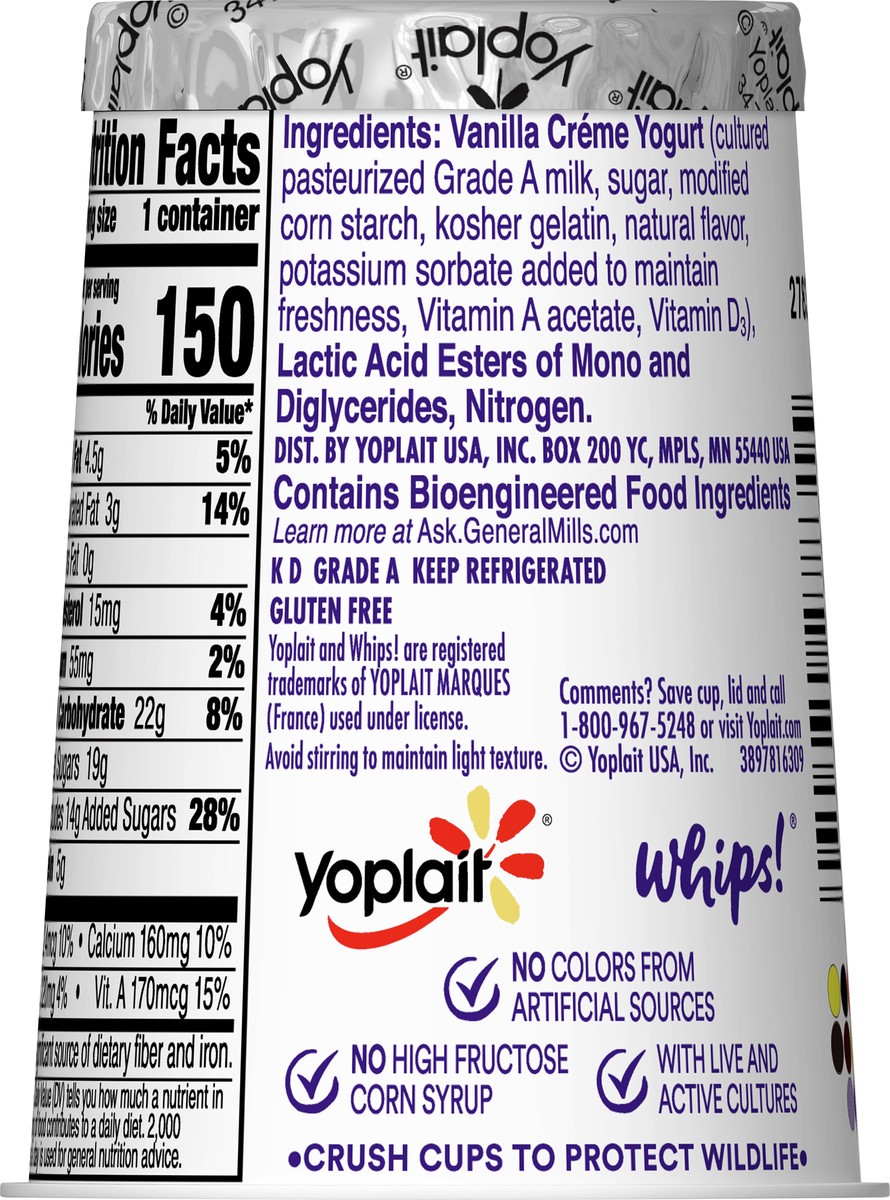 slide 4 of 9, Yoplait Whips Yogurt Mousse, Vanilla Flavored, Gluten Free Snack, 4 OZ Yogurt Cup, 4 oz