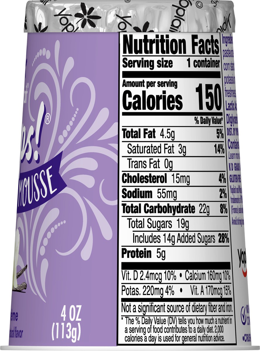 slide 3 of 9, Yoplait Whips Yogurt Mousse, Vanilla Flavored, Gluten Free Snack, 4 OZ Yogurt Cup, 4 oz