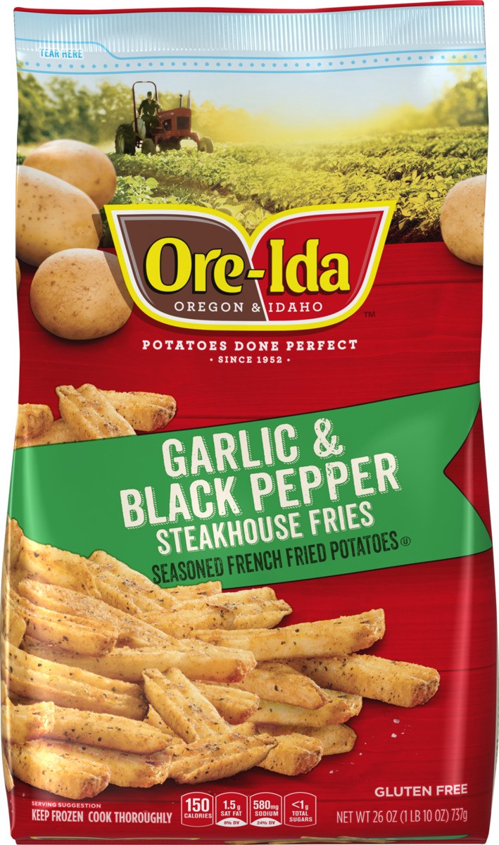 slide 7 of 8, Ore-Ida Garlic & Black Pepper Thick Cut Steakhouse French Fries Seasoned Fried Frozen Potatoes, 26 oz