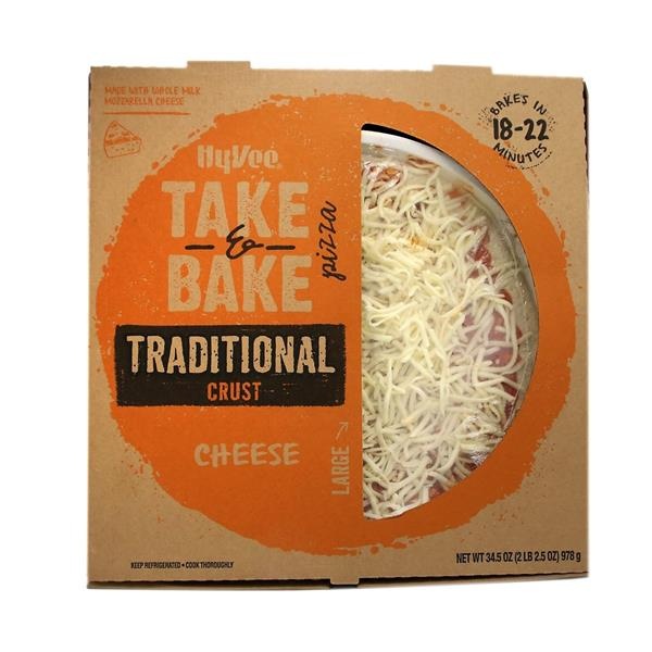 slide 1 of 1, Hy-Vee Take & Bake Cheese Large Traditional Crust Pizza, 34.5 oz