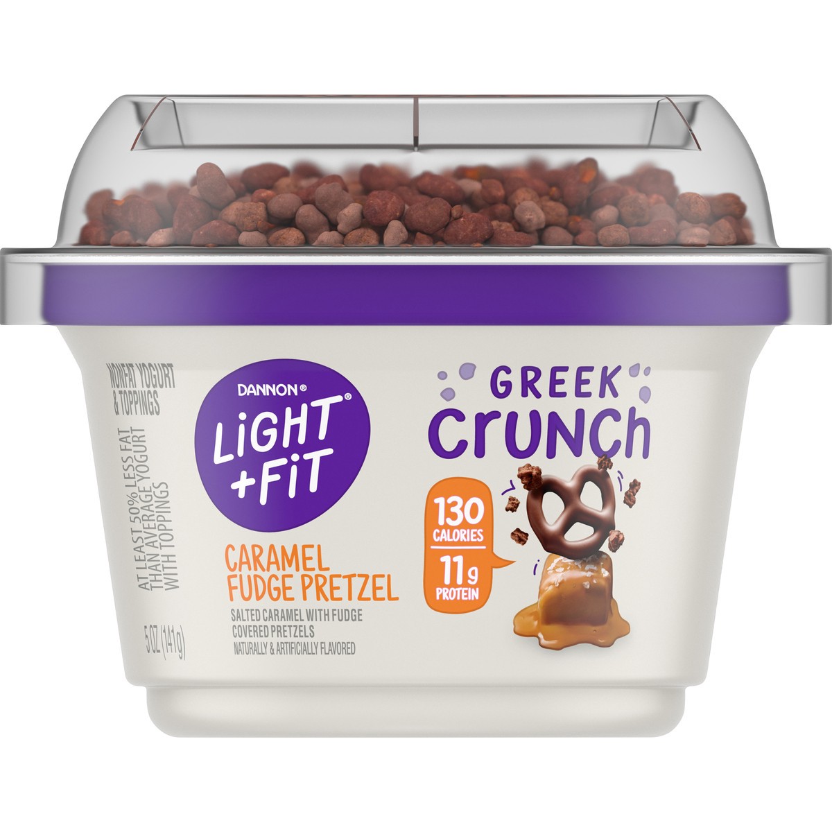 slide 2 of 10, Light + Fit Dannon Light & Fit Greek Crunch Caramel Fudge Pretzel Nonfat Yogurt 5 oz. Cup, 5 oz