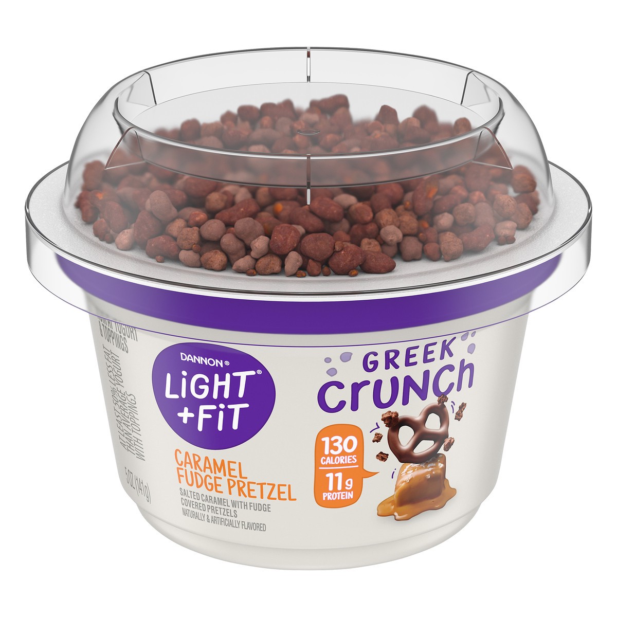 slide 10 of 10, Light + Fit Dannon Light & Fit Greek Crunch Caramel Fudge Pretzel Nonfat Yogurt 5 oz. Cup, 5 oz