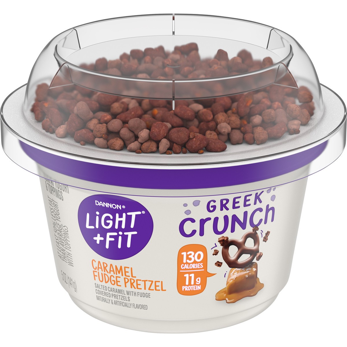 slide 1 of 10, Light + Fit Dannon Light & Fit Greek Crunch Caramel Fudge Pretzel Nonfat Yogurt 5 oz. Cup, 5 oz