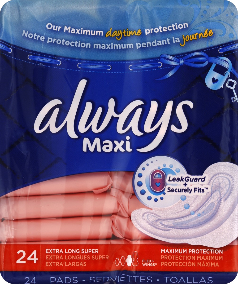 slide 1 of 7, Always Maxi Pads Size 3 Extra Long Super Absorbency Unscented With Wings, 33 ct