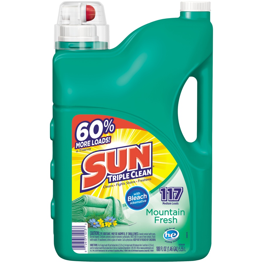 slide 1 of 1, Sun Triple Clean Mountain Fresh with Bleach Alternative Laundry Detergent, 188 fl oz