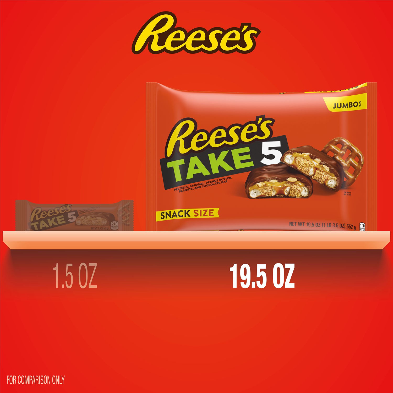 slide 5 of 8, Reese's TAKE 5 Pretzel, Peanut and Chocolate Snack Size, Candy Jumbo Bag, 19.5 oz, 19.5 oz