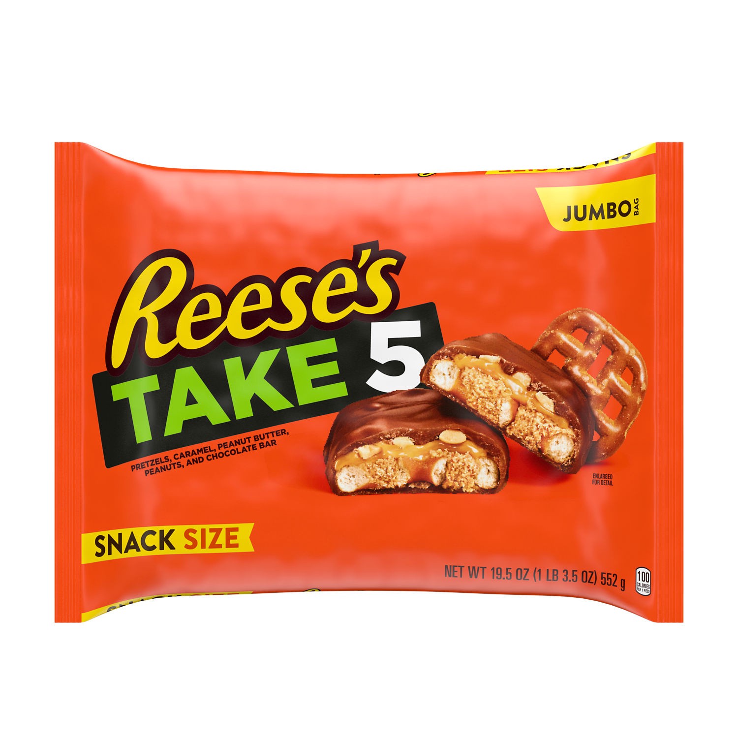slide 1 of 8, Reese's TAKE 5 Pretzel, Peanut and Chocolate Snack Size, Candy Jumbo Bag, 19.5 oz, 19.5 oz