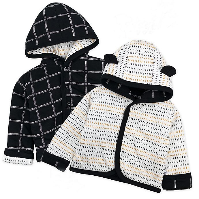 slide 2 of 6, The Honest Company Newborn Pencil Dash Reversible Quilted Hoodie - Grey/Yellow, 1 ct