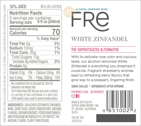 slide 13 of 16, Fré FRE White Zinfandel Pink Wine, Alcohol-Removed Wine Bottle, 750 ml