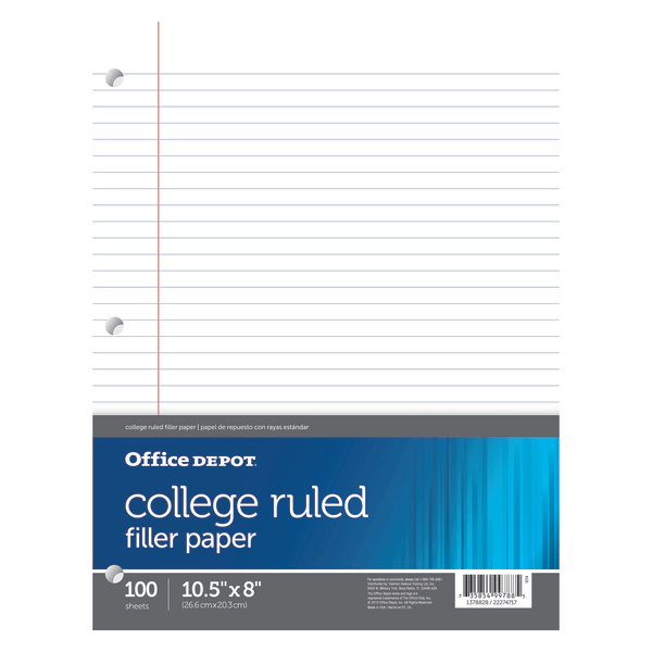 slide 1 of 2, Office Depot Brand Filler Paper, College Ruled, 92 Brightness, 16 Lb, Pack Of 100 Sheets, 100 ct