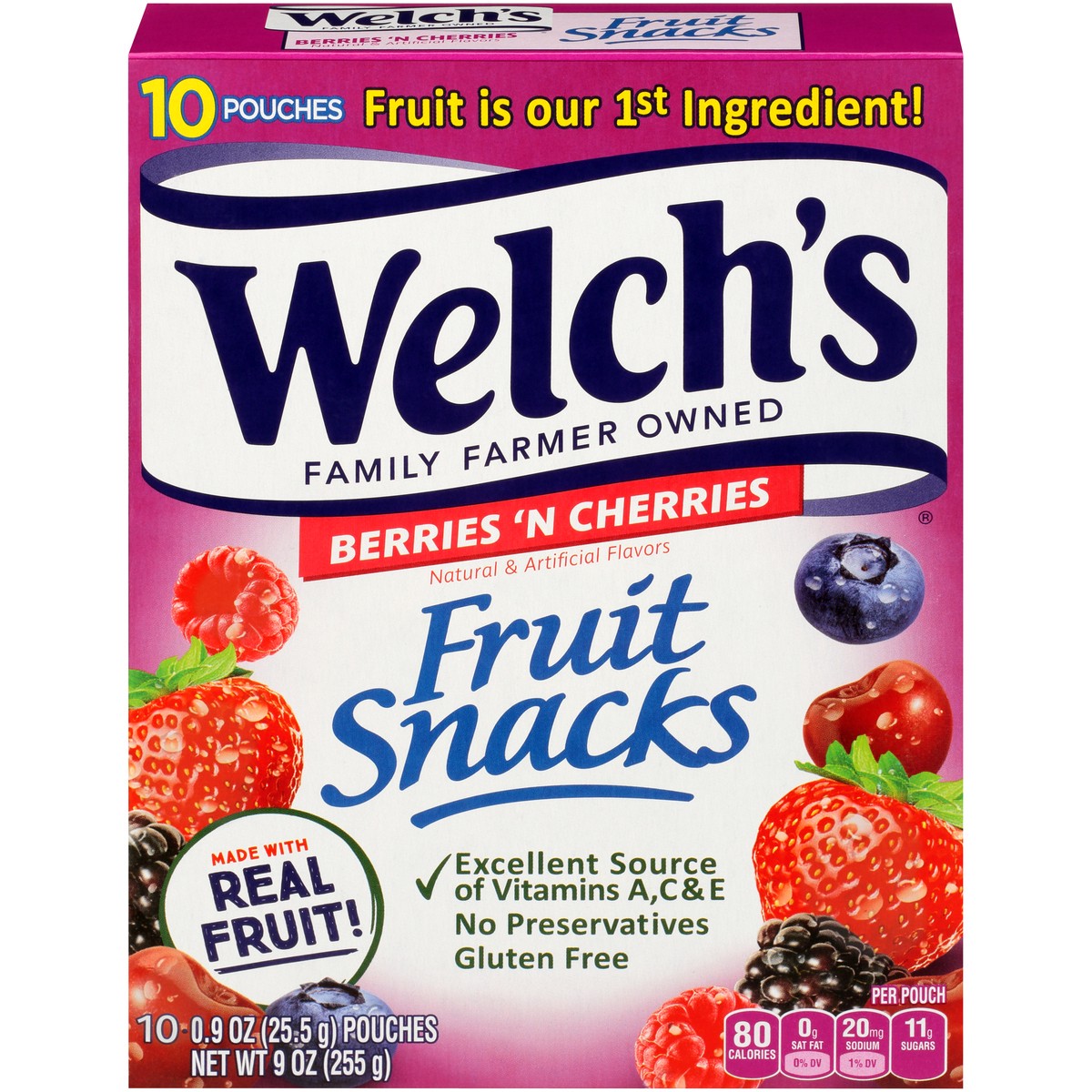 slide 1 of 9, Welch's Fruit Snacks, Berries N Cherries, 0.9 Ounces, 10 Pouches, 9 oz