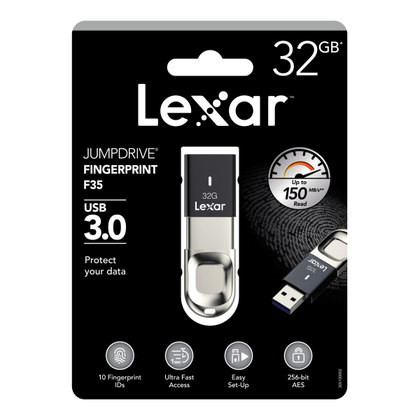 slide 1 of 5, Lexar Jumpdrive Fingerprint F35 Usb 3.0 Flash Drive, 32Gb, Black, Ljdf35-32Gbnl, 1 ct