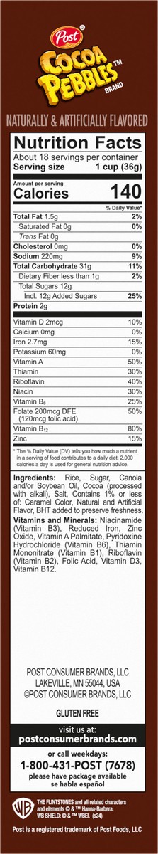 slide 8 of 15, Post Cocoa PEBBLES Cereal, Chocolatey Kids Breakfast Cereal, Gluten Free Rice Cereal, 23 oz Box, 23 oz