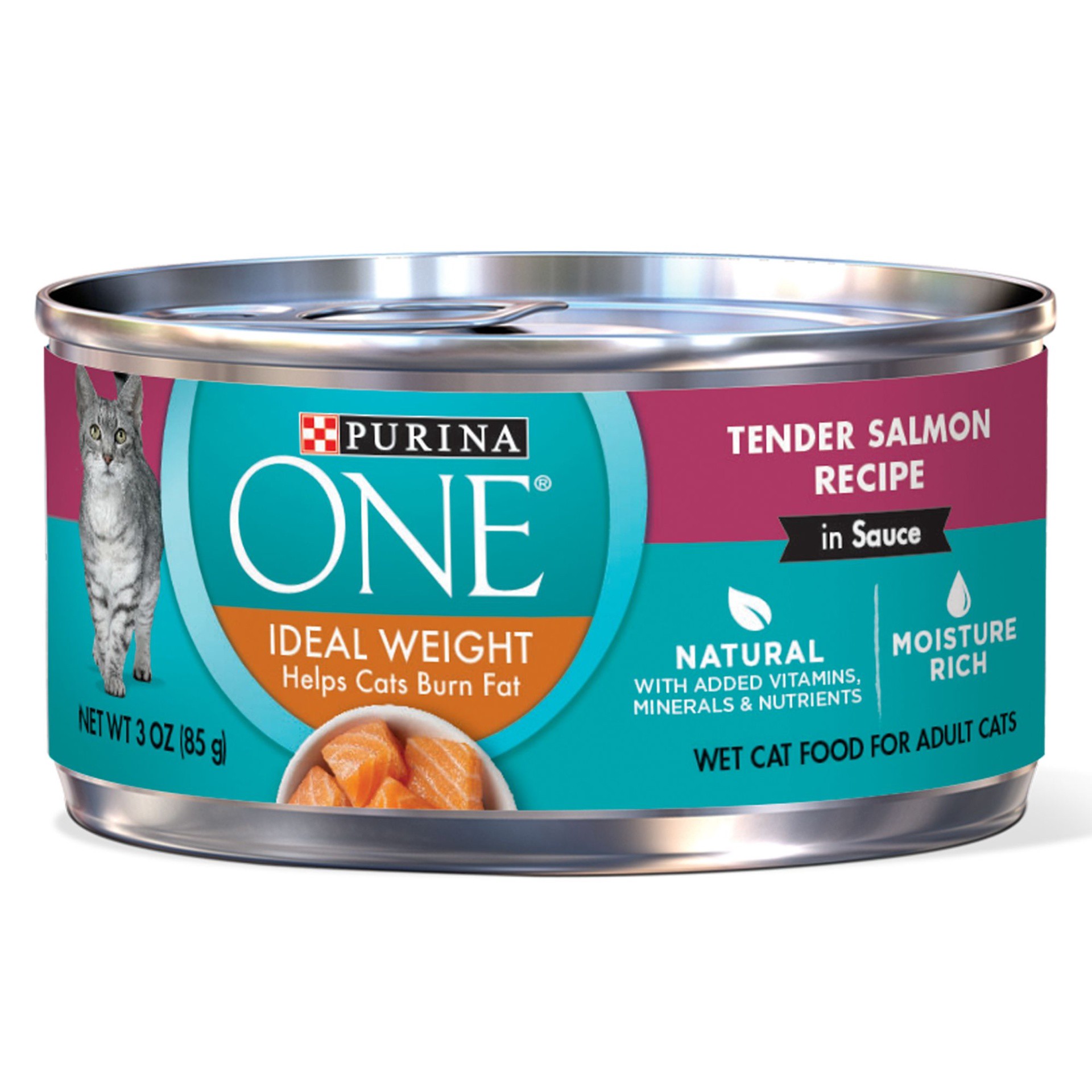 slide 1 of 1, Purina ONE Ideal Weight Tender Salmon Recipe in Sauce Adult Premium Cat Food, 3 oz