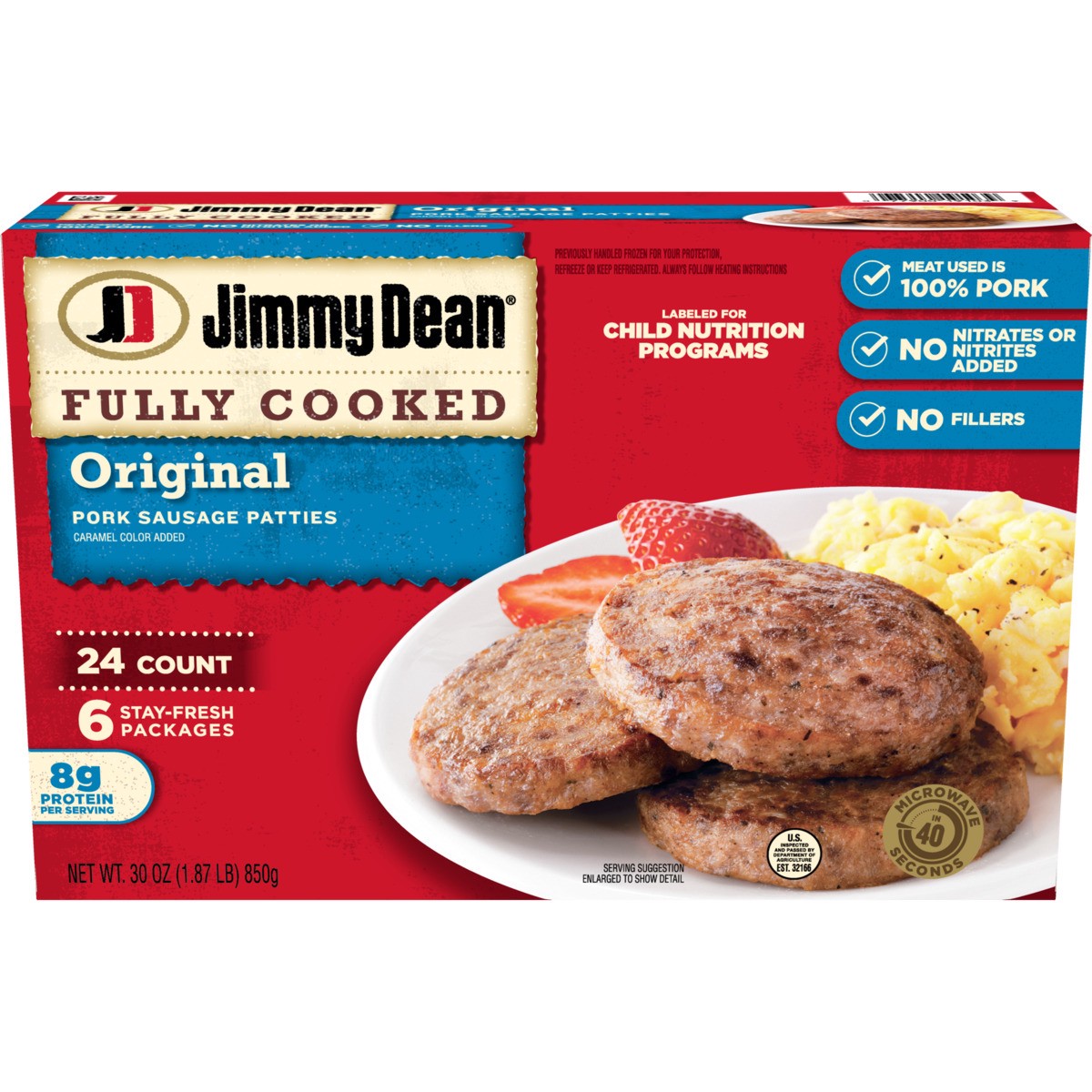 slide 2 of 13, Jimmy Dean Fully Cooked Original Pork Breakfast Sausage Patties, 24 Count, 850.49 g