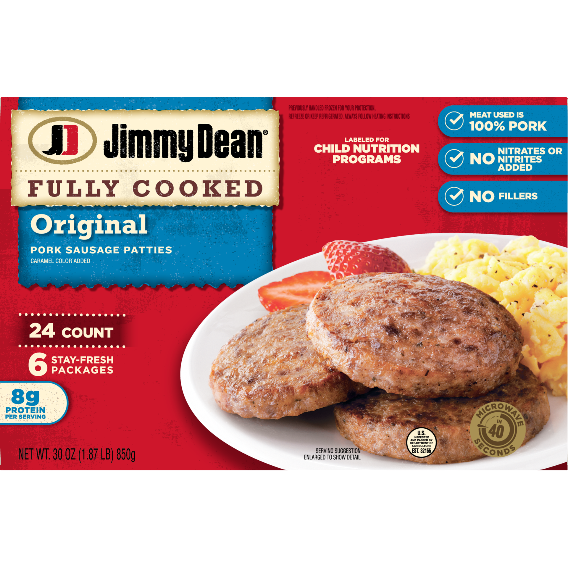 slide 1 of 13, Jimmy Dean Fully Cooked Original Pork Breakfast Sausage Patties, 24 Count, 850.49 g