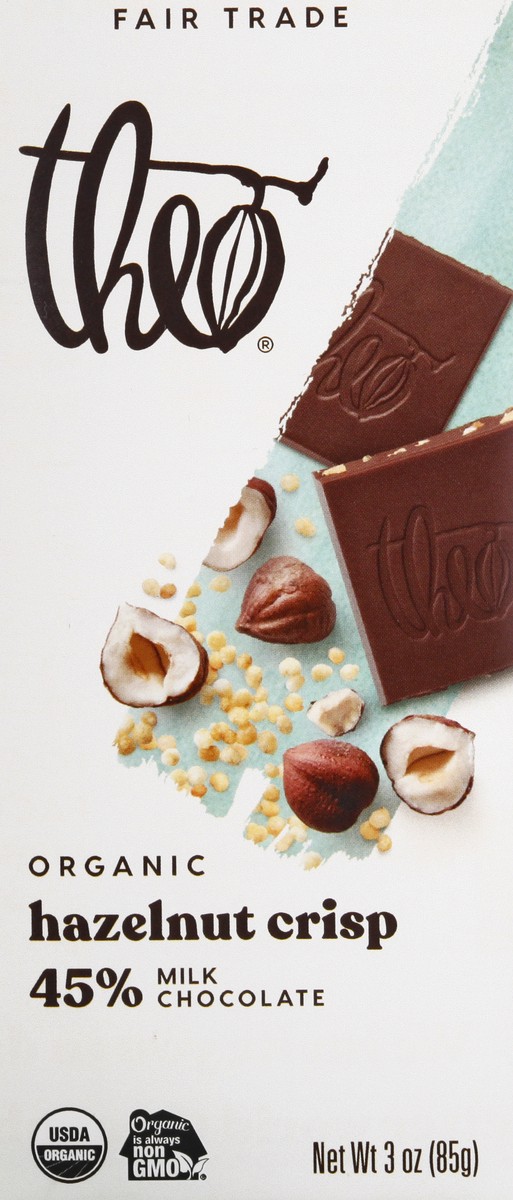 slide 1 of 13, Theo Organic 45% Milk Chocolate Hazelnut Crisp 3 oz, 3 oz