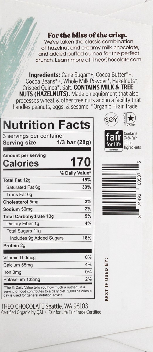 slide 7 of 13, Theo Organic 45% Milk Chocolate Hazelnut Crisp 3 oz, 3 oz