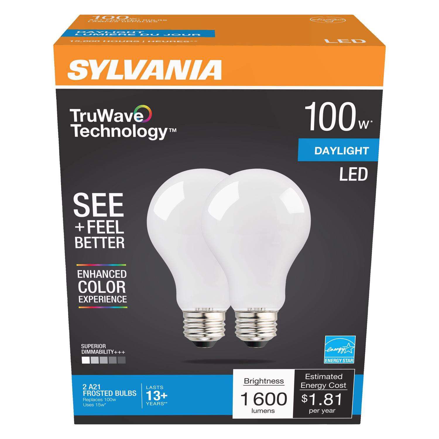 slide 1 of 1, Sylvania TruWave LED 100 Watt A21 Daylight Frost Bulbs, 2 ct