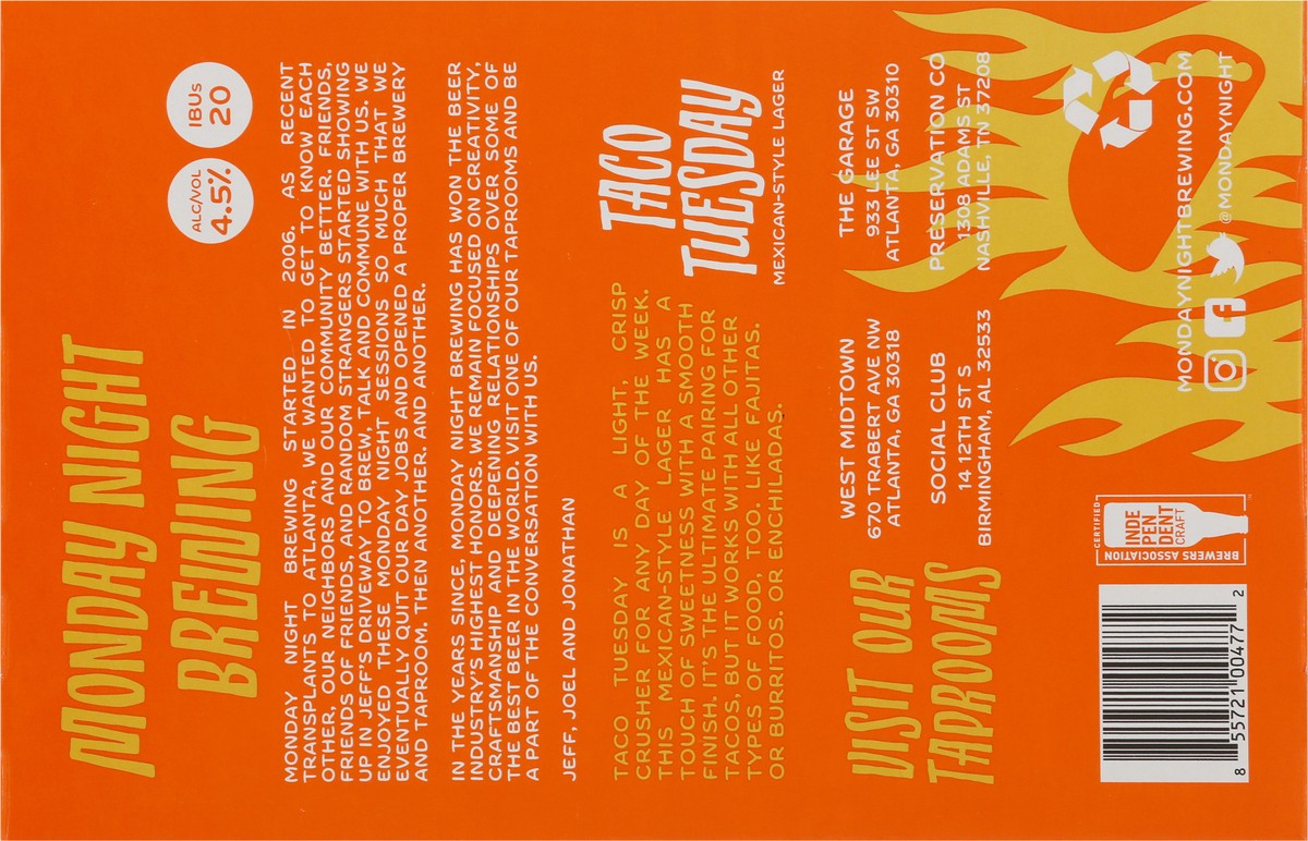 slide 8 of 11, Monday Night Brewing Taco Tuesday Mexican-Style Lager Beer 6 - 12 oz Cans, 6 ct; 12 oz