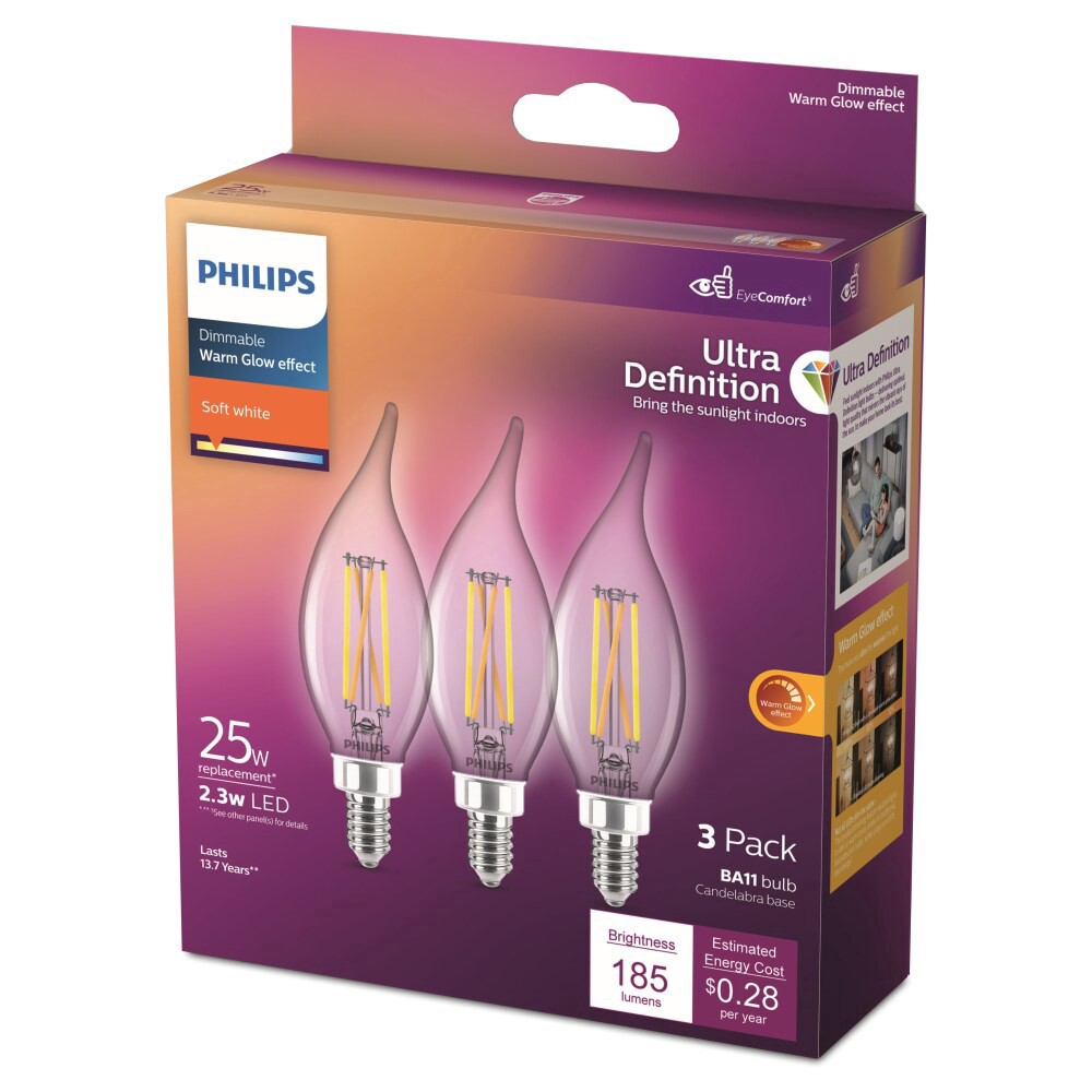 slide 3 of 6, Philips 2.3-Watt (25-Watt) Candleabra Base Bent Tip Candle Ba11 Led Light Bulbs, 3 ct