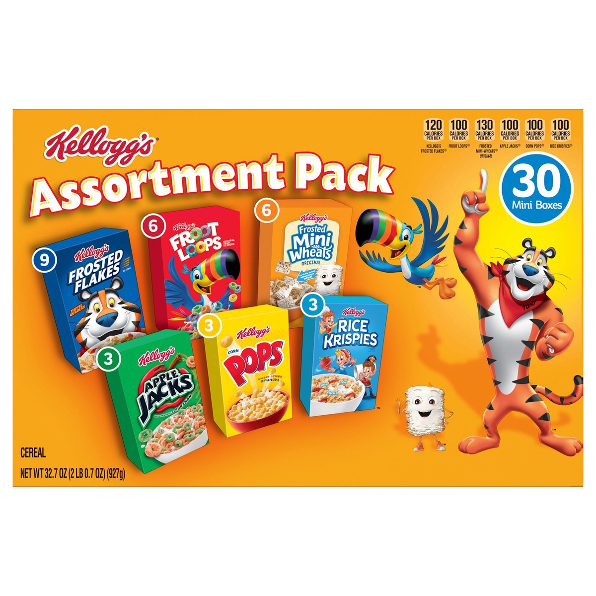 slide 1 of 5, Kellogg's Assortment Pack Breakfast Cereal, Single Serve Cereal To Go, Kids Snacks, Variety Pack, 32.7oz Box, 30 Boxes, 32.7 oz