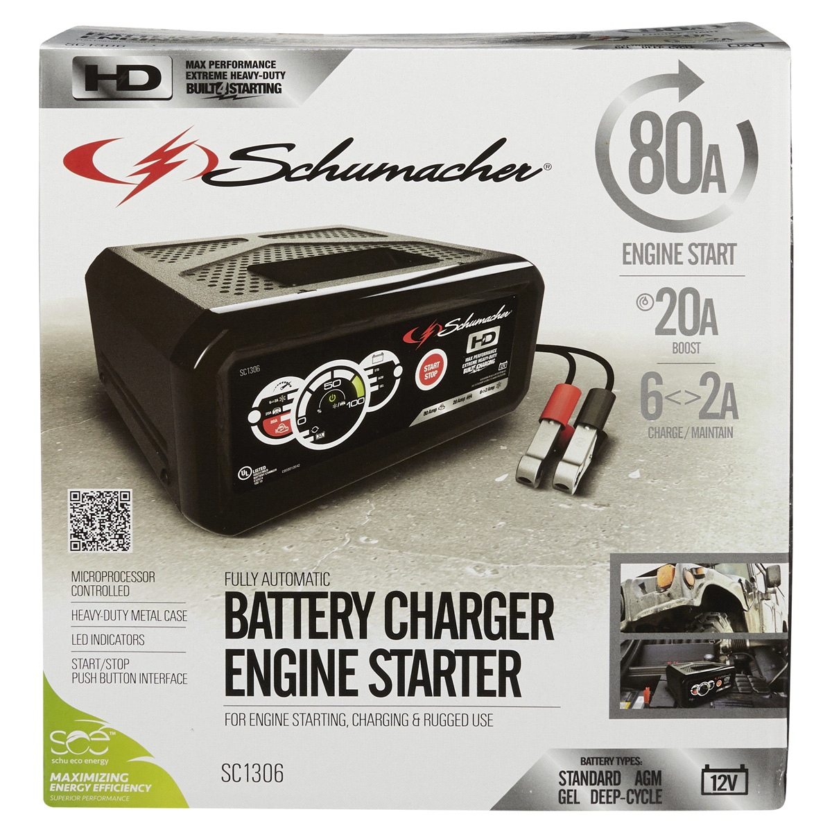 slide 1 of 1, Schumacher SC1306 80/20/6-2 AMP Battery Charger, Engine Start, 1 ct