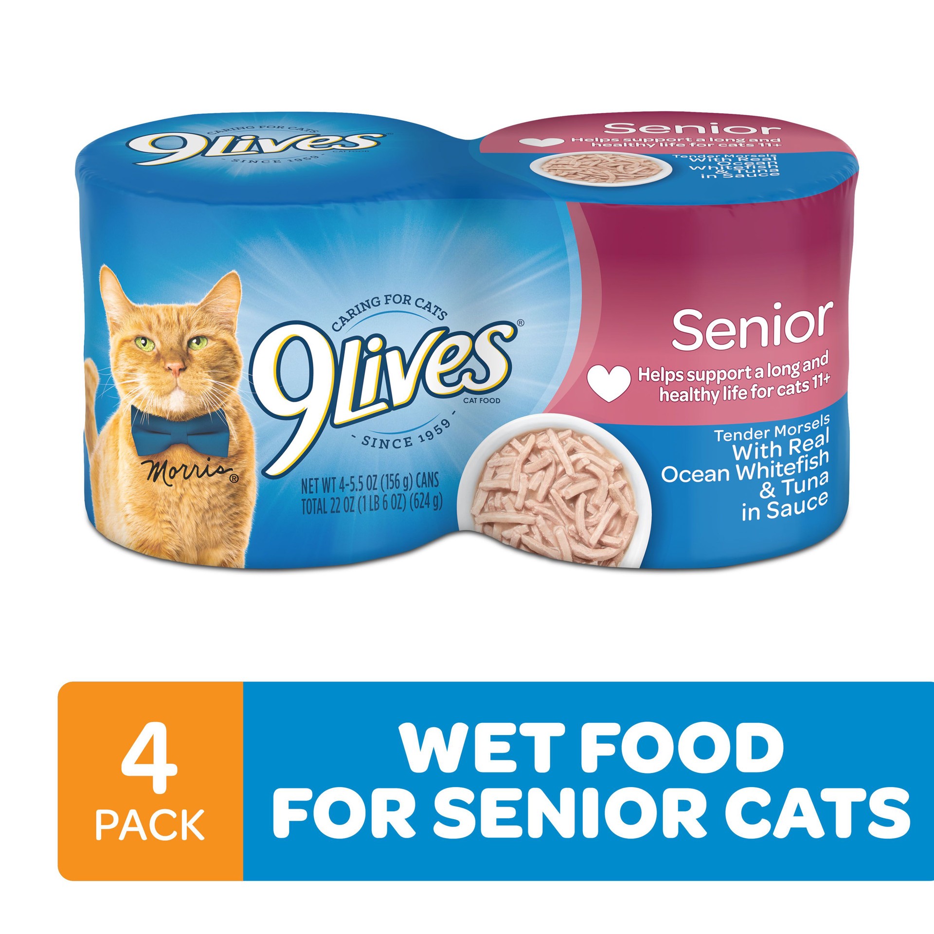 slide 6 of 7, 9Lives Wet Senior Cat Food, Tender Morsels With Real Ocean Whitefish & Tuna in Sauce, 5.5 Ounce Can (Pack of 4), 22 oz