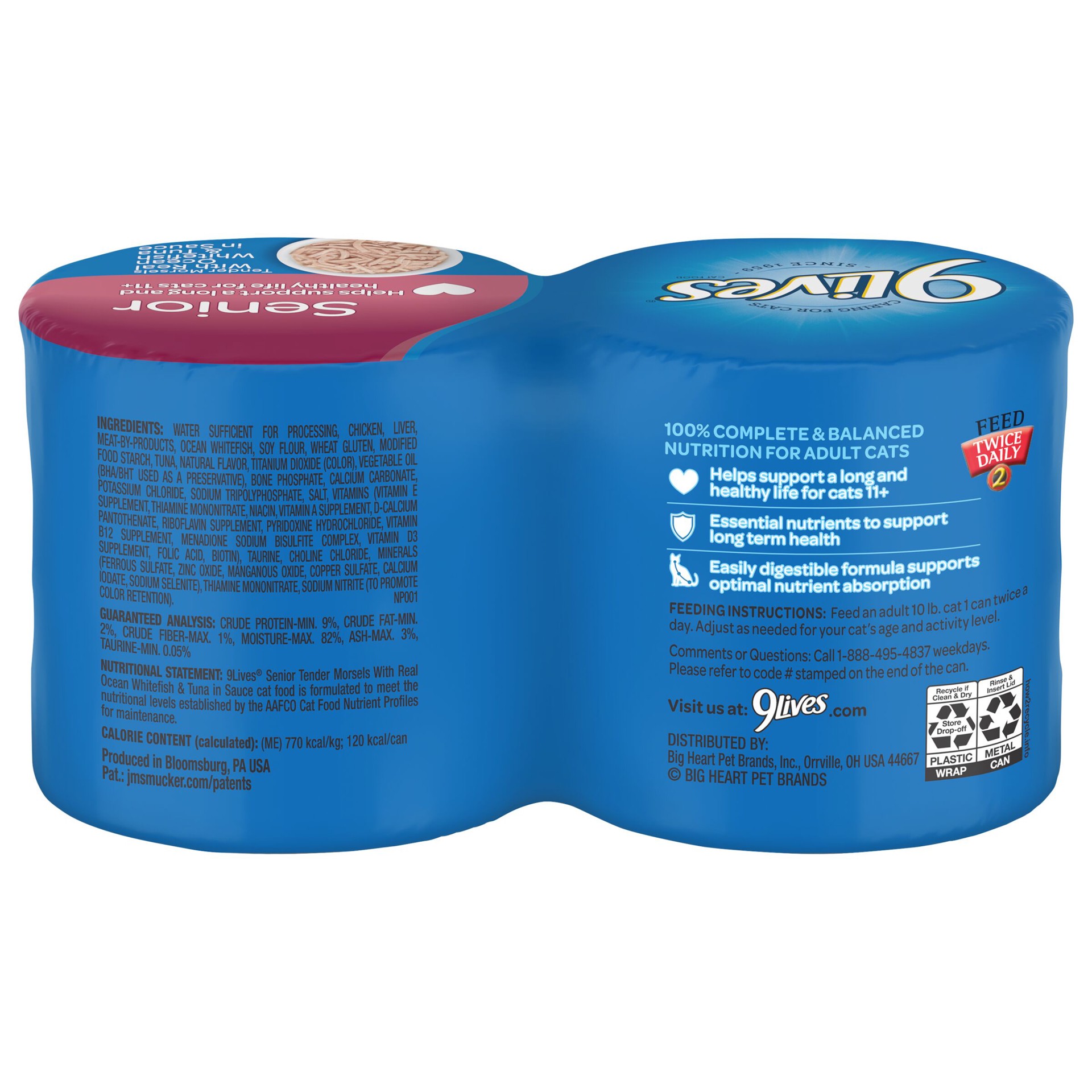 slide 4 of 7, 9Lives Wet Senior Cat Food, Tender Morsels With Real Ocean Whitefish & Tuna in Sauce, 5.5 Ounce Can (Pack of 4), 22 oz