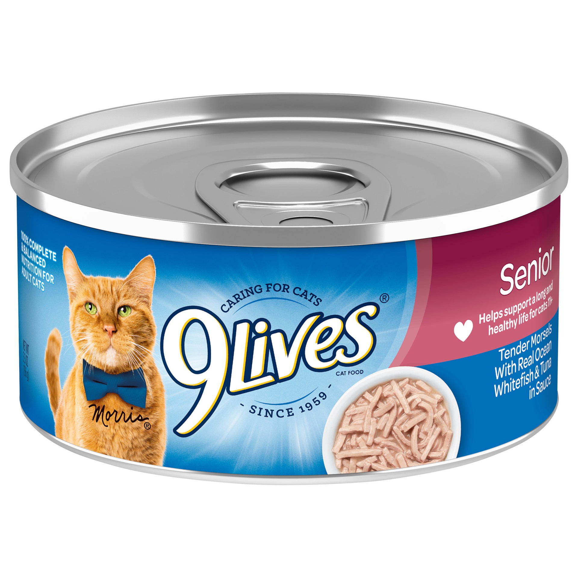 slide 1 of 7, 9Lives Wet Senior Cat Food, Tender Morsels With Real Ocean Whitefish & Tuna in Sauce, 5.5 Ounce Can (Pack of 4), 22 oz
