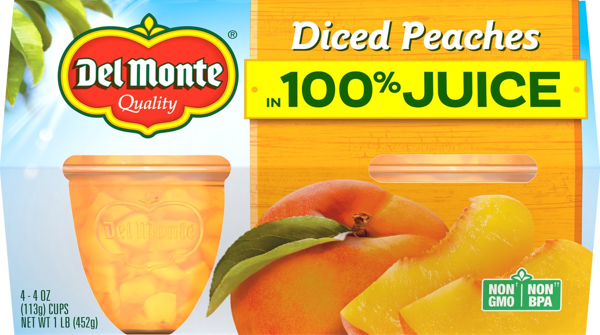 slide 1 of 4, Del Monte 4 Pack Diced Peaches In 100% Juice 4 cups 4 oz 4 ea Sleeve, 4 ct