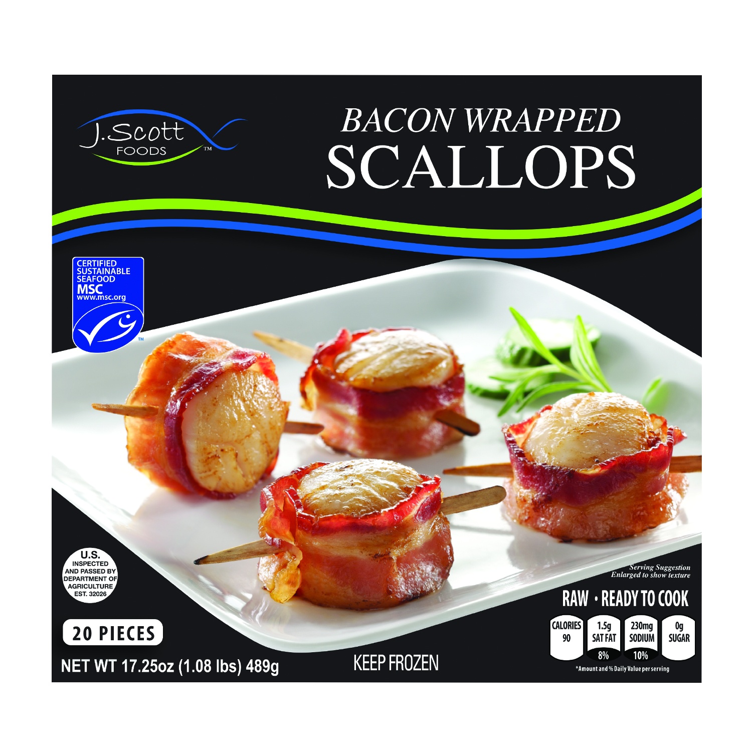 slide 1 of 1, Raw Seafoods J. Scott Foods Bacon Wrapped Scallops, 20 ct