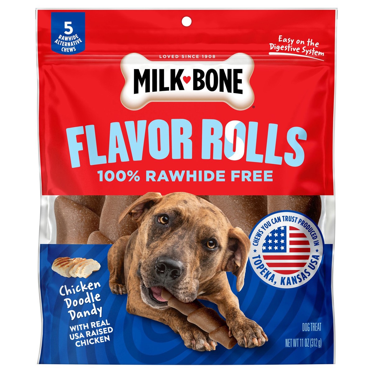 slide 8 of 14, Milk-Bone Flavor Rolls Chicken Doodle Dandy Rawhide Free Dog Treats With Chicken, 5-Count Bag, 11 oz