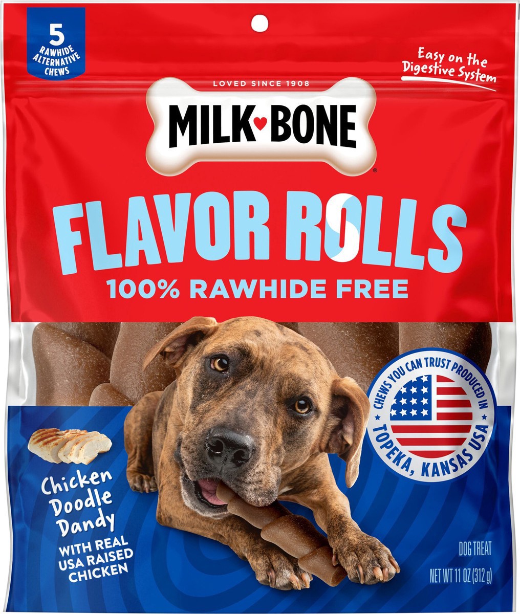 slide 12 of 14, Milk-Bone Flavor Rolls Chicken Doodle Dandy Rawhide Free Dog Treats With Chicken, 5-Count Bag, 11 oz