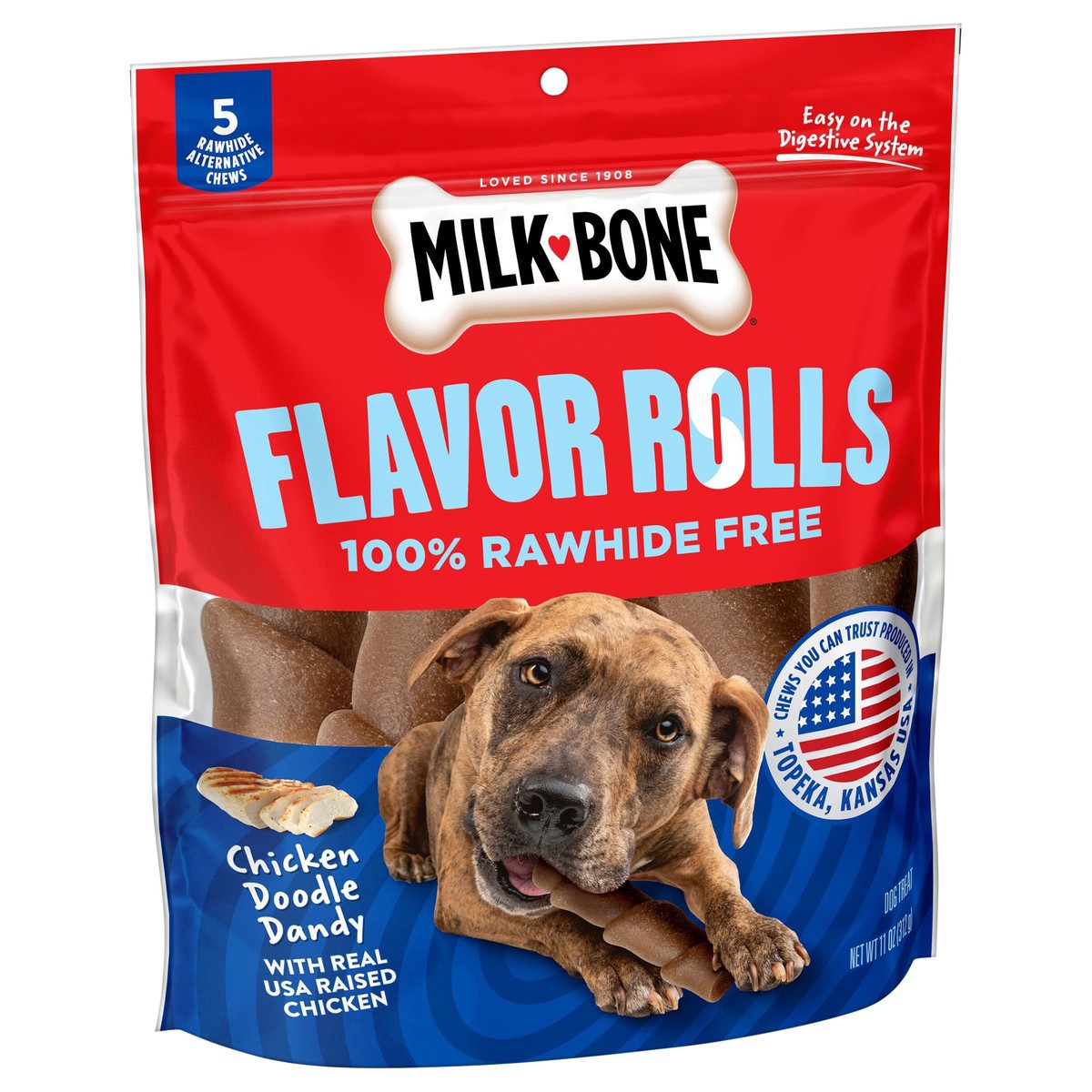 slide 10 of 14, Milk-Bone Flavor Rolls Chicken Doodle Dandy Rawhide Free Dog Treats With Chicken, 5-Count Bag, 11 oz