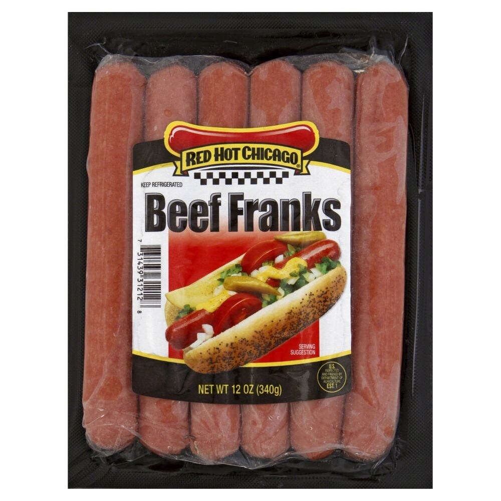 slide 1 of 1, Red Hot Chicago Beef Franks, 12 oz