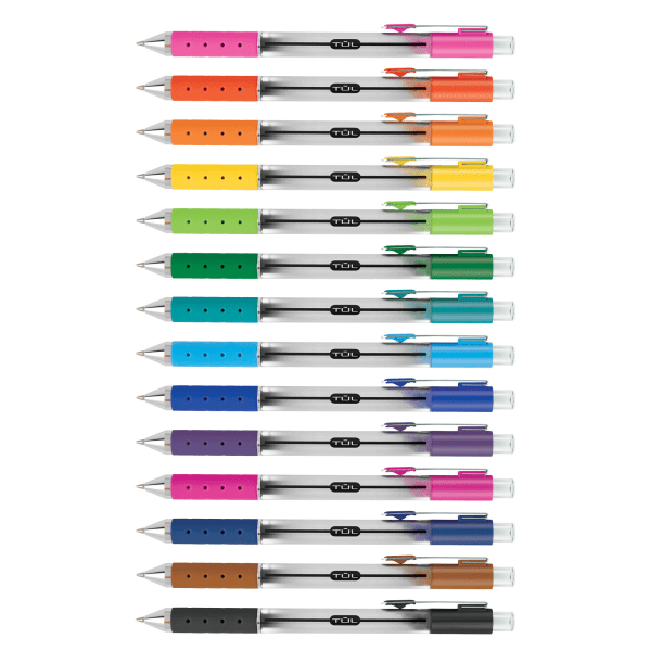 slide 10 of 10, TUL Retractable Gel Pens, Medium Point, Silver Barrel, Assorted Standard & Bright Ink Colors, Pack Of 14 Pens, 14 ct