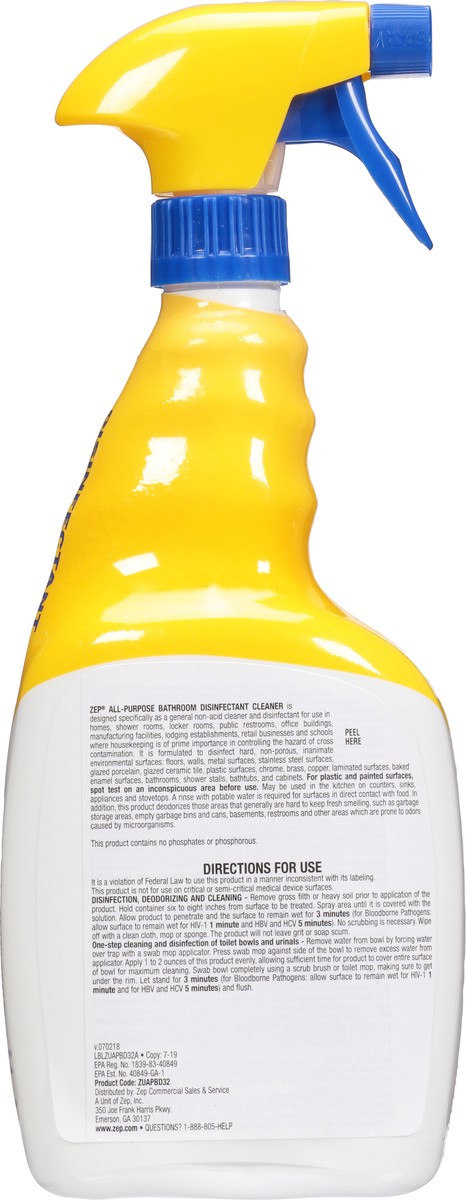 slide 10 of 12, Zep All-Purpose Bathroom Disinfectant Cleaner 1 qt Bottle, 1 qt