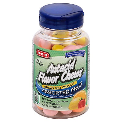 slide 1 of 1, H-E-B Extra Strength Antacid Flavor Chews, Assorted Fruit, 60 ct