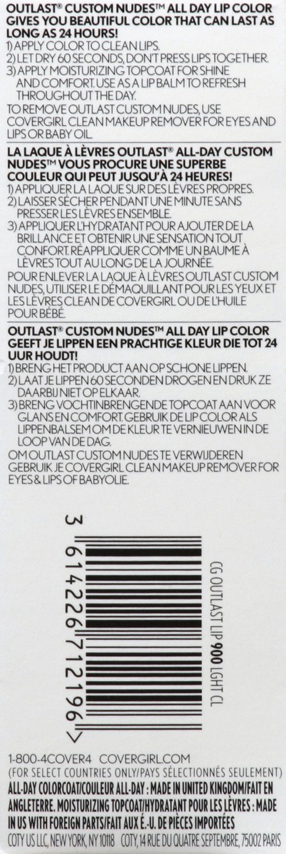 slide 6 of 6, Covergirl COVERGIRL Outlast All-Day Lip Color With Topcoat, Light Cool 900, 1.9g 0.06 oz/ 2.3ml 0.07 fl oz, 5.138 oz