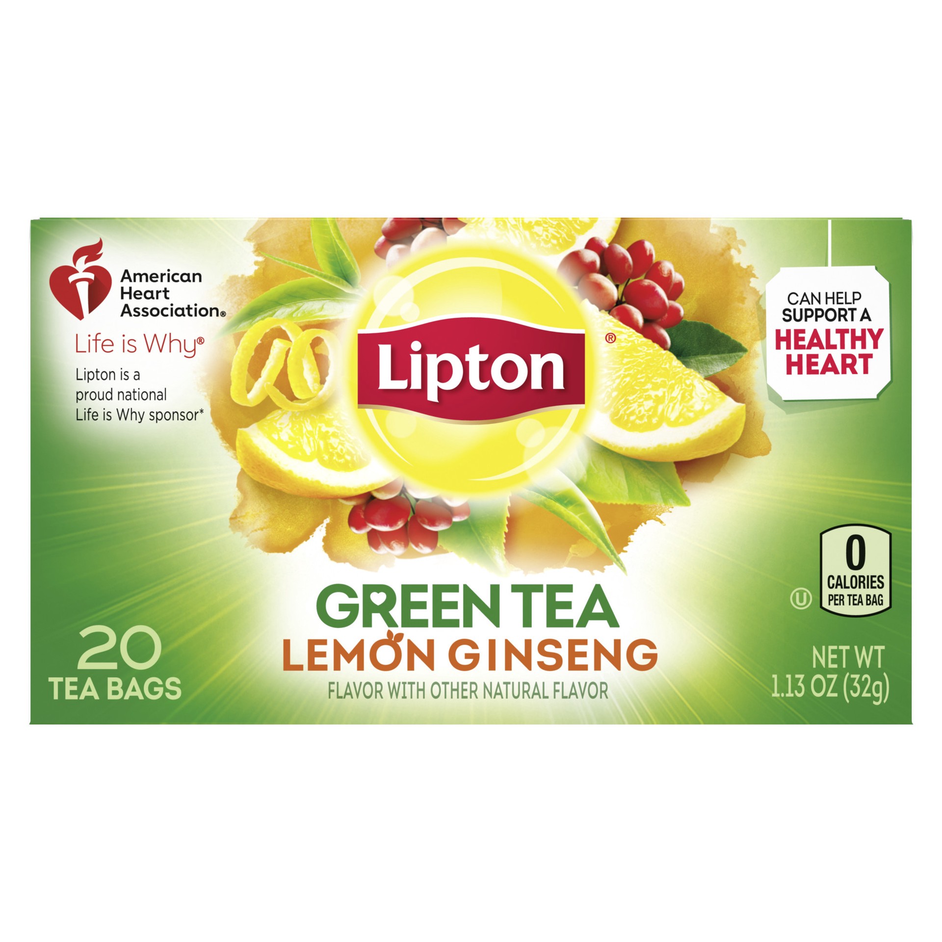 slide 4 of 4, Lipton Green Tea Bags Lemon Ginseng, 1.13 oz, 20 Count, 20 ct; 1.1 oz