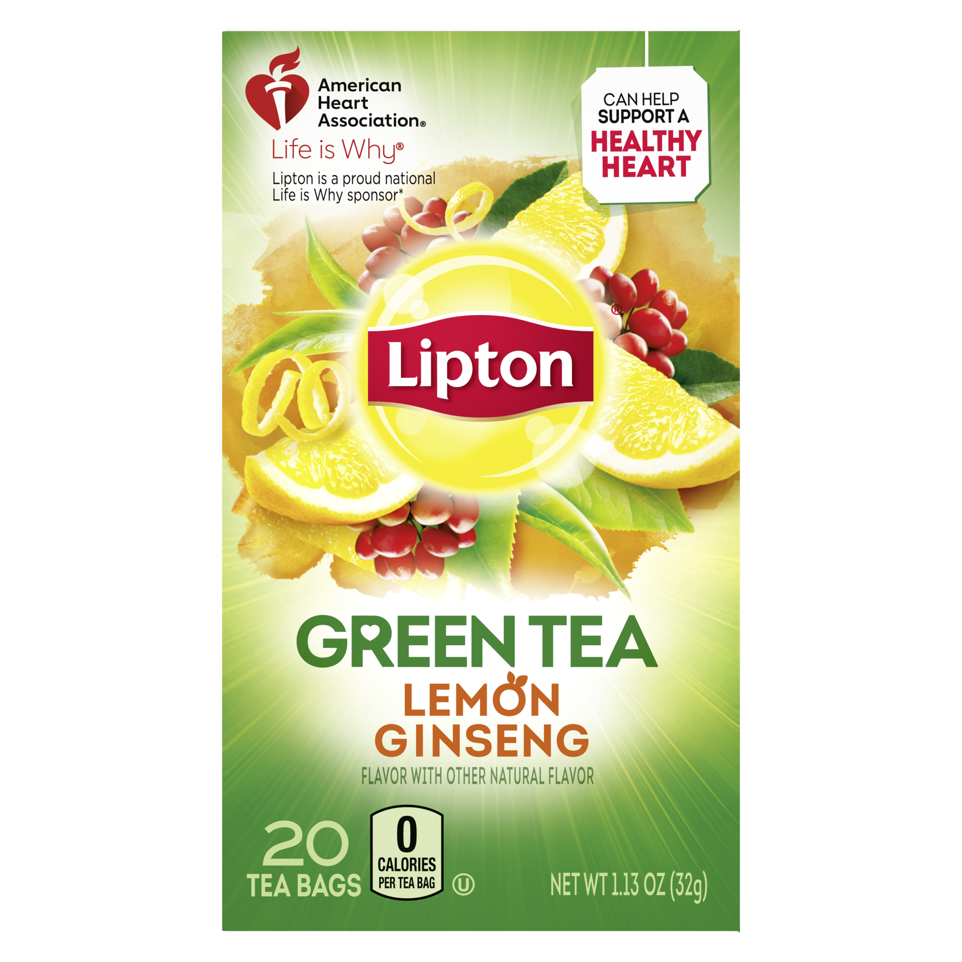 slide 2 of 4, Lipton Green Tea Bags Lemon Ginseng, 1.13 oz, 20 Count, 20 ct; 1.1 oz