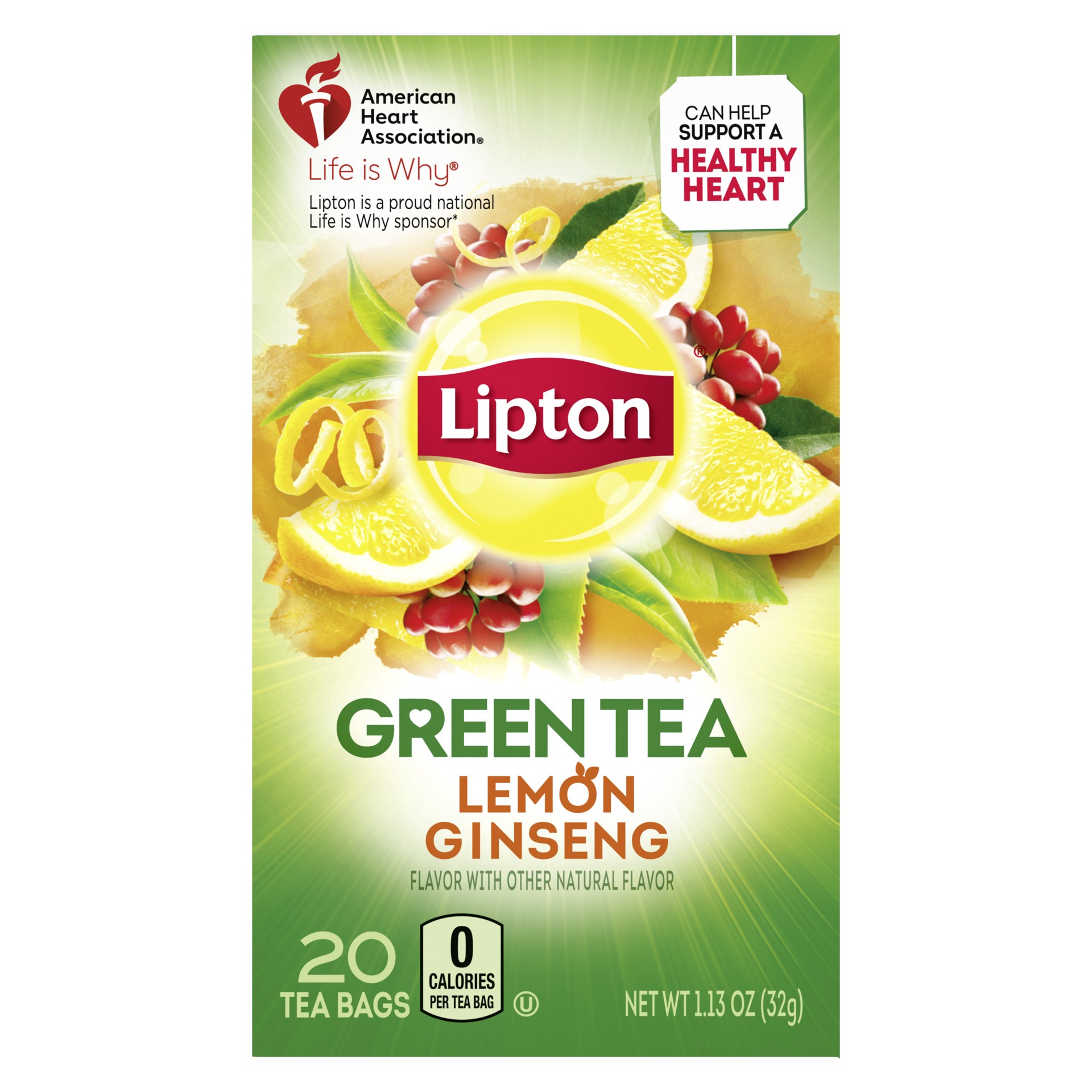 slide 1 of 4, Lipton Green Tea Bags Lemon Ginseng, 1.13 oz, 20 Count, 20 ct; 1.1 oz