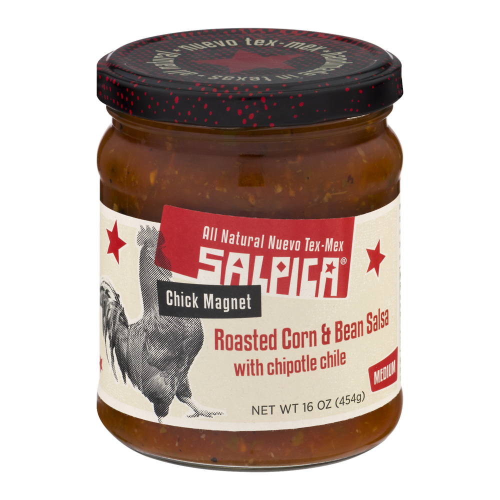 slide 1 of 6, Salpica Chick Magnet Roasted Corn & Bean Salsa With Chipotle Chile Medium, 16 oz